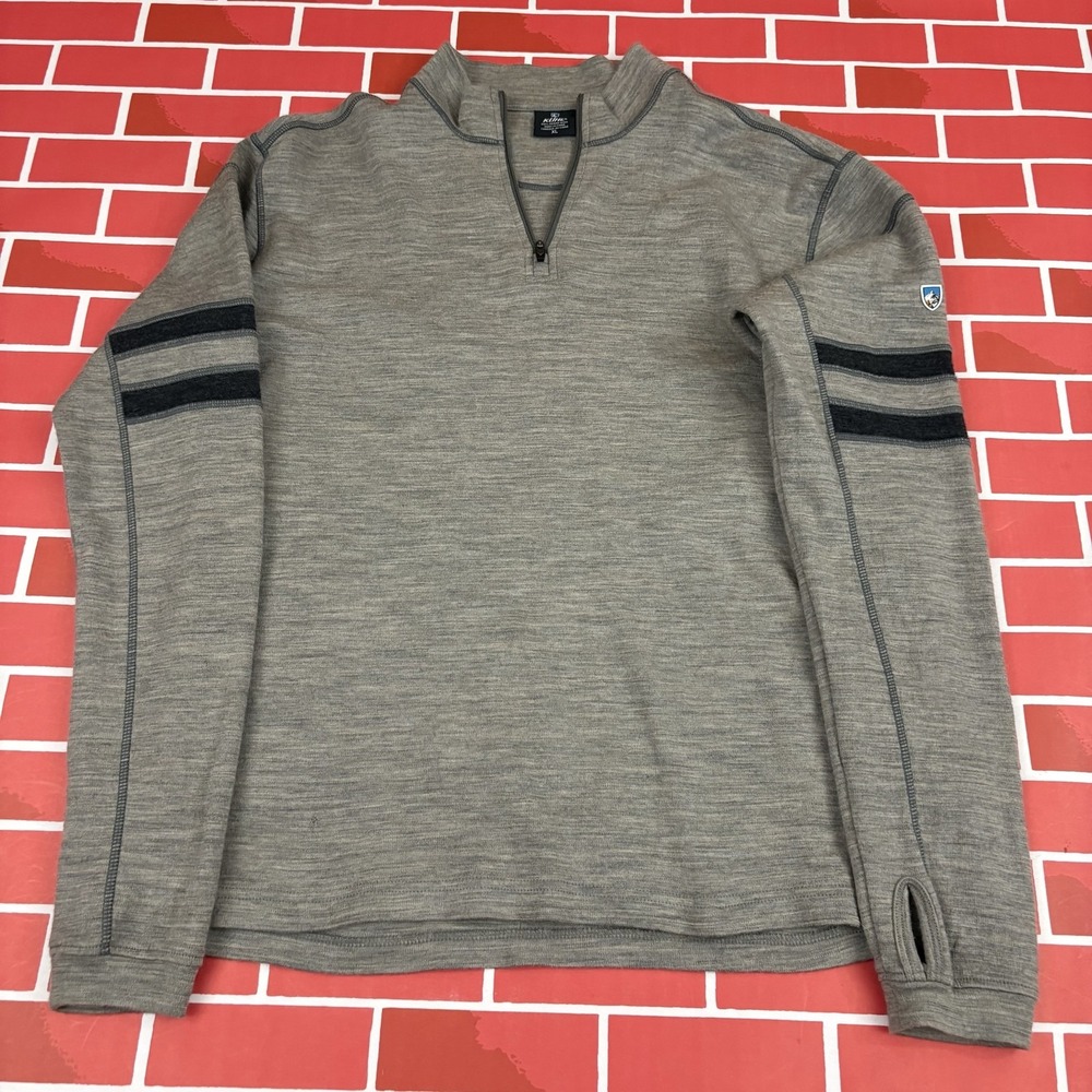 Kuhl Sweater Mens XL Gray 1/4 Zip Merino Wool Mock Neck Striped Knit Pullover